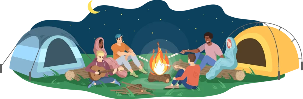 Illustration of campers gathered around a campfire at night