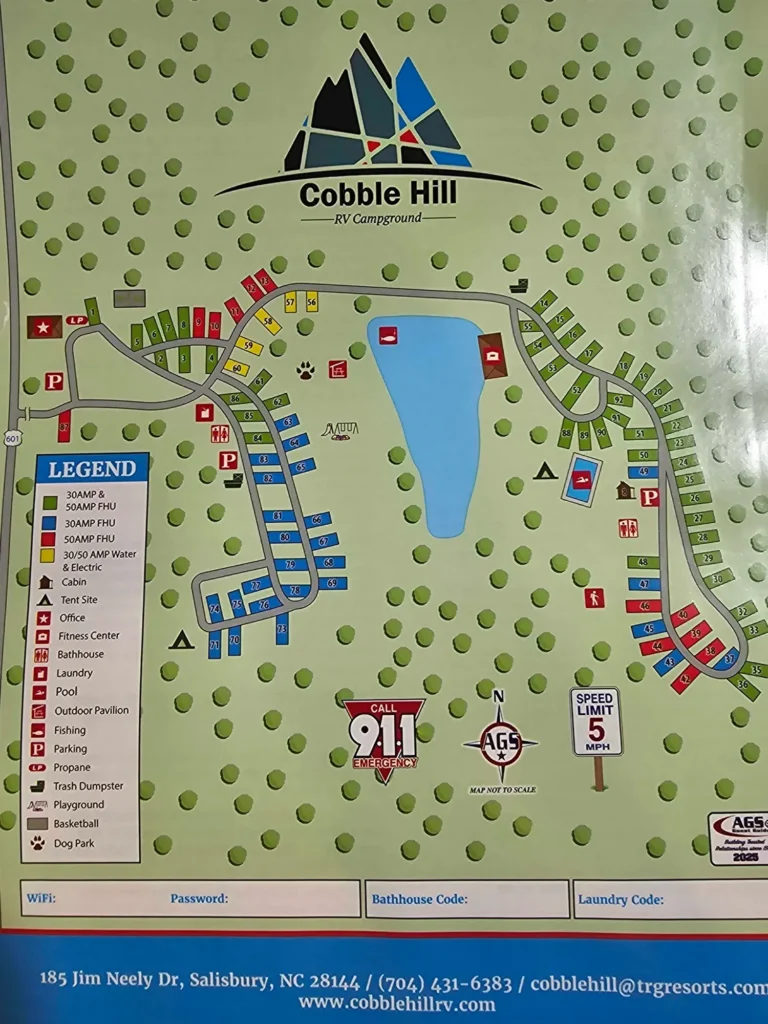 Cobble Hill RV Campground park map with site numbers and amenities