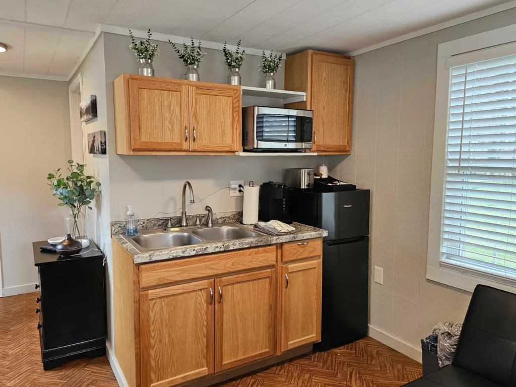 Kitchenette with sink, microwave, mini fridge and coffee maker in the Modern Woodland Cabin