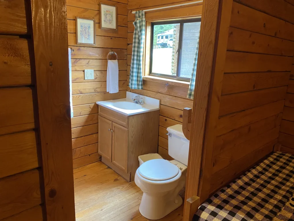 Private bathroom inside a rustic cabin