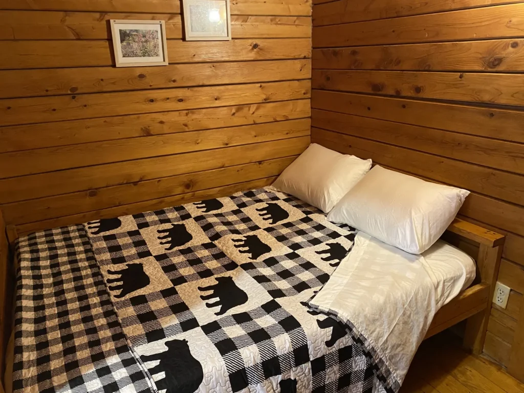 Rustic cabin bedroom with a full bed and bear-print quilt