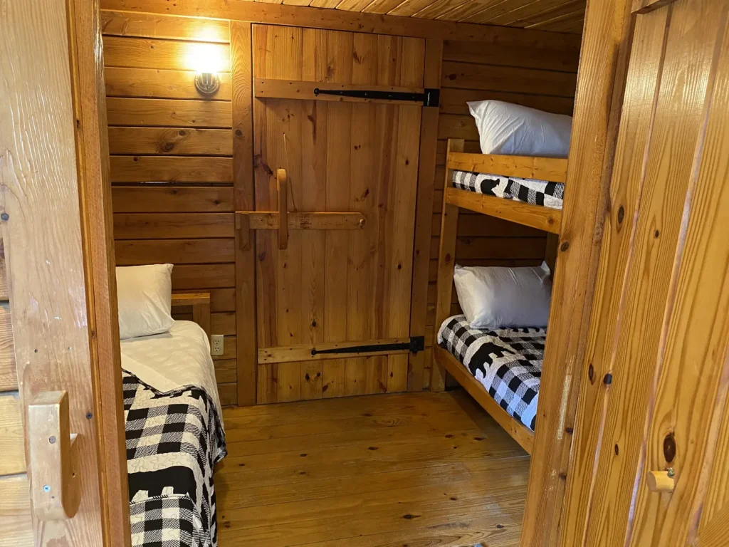 Bunk beds in a rustic cabin