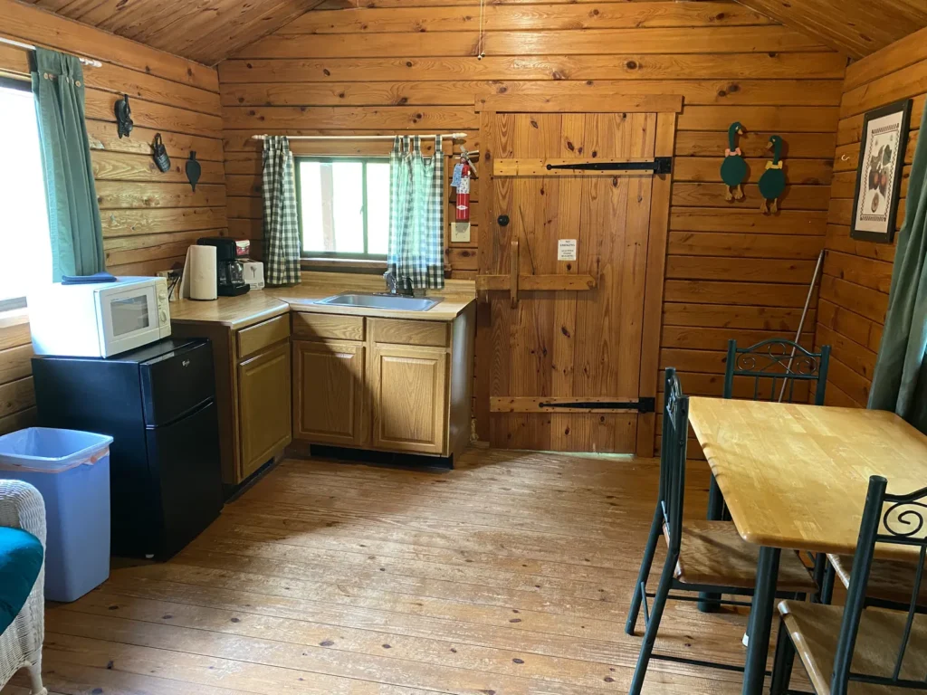 Rustic cabin kitchenette with microwave, mini fridge and dining table